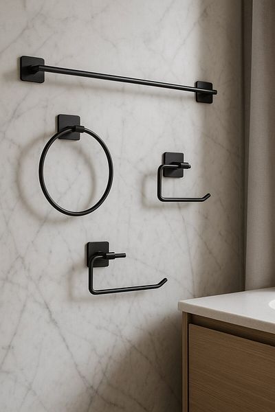 Sas Haus Adhesive Black 4-Piece Bathroom & Kitchen Towel Holder Set – Toilet Paper Holder, Roll, Hoop & Long Towel Rack
