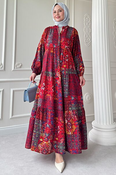 InStyle Bohem Etnik Desen Kırmızı Viskon Elbise
