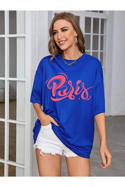 NOFLEN Παρίσι με τύπωμα Γυναικεία Salas oversized μπλε κοβαλτίου Μπλε μπλουζά...