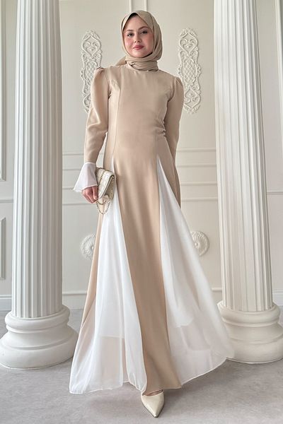 InStyle Rochie bej cu detaliu din tul cu maneci si fusta