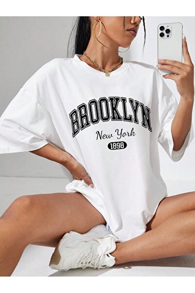 NOFLEN Γυναικείο μπλουζάκι Brooklyn Printed Oversize Casual White T-shirt Uni...