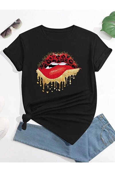 NOFLEN Tricou oversize imprimat cu buze Casual Boyfirend