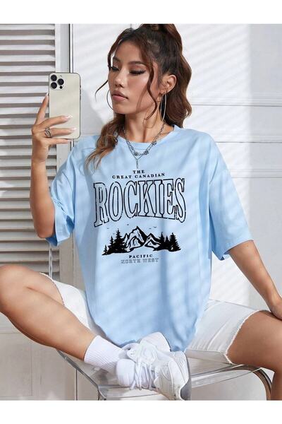 NOFLEN Rockıes Printed Baby Blue Oversize T-shirt Casual Boyfirend