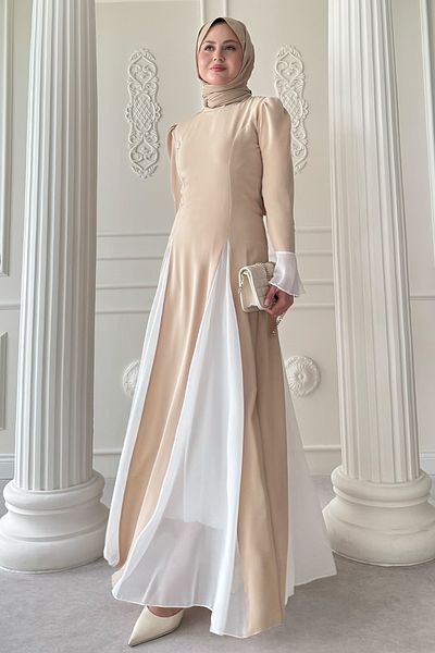 InStyle Rochie bej cu detaliu din tul cu maneci si fusta