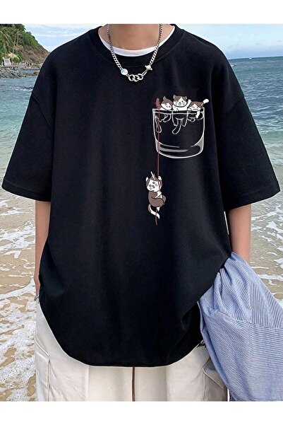 NOFLEN Ανδρικό μπλουζάκι Raccoon Pocket Printed Oversize Casual Boyfirend