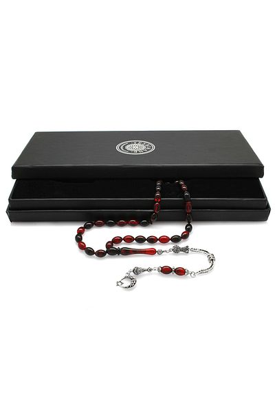 Tesbihane Ayyıldız Anti-Tarnish Metal Tasseled Barley Cut Red-black Fire Amber Prayer Beads