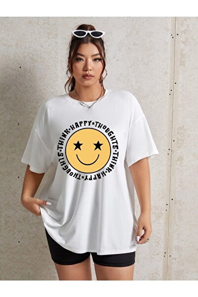 NOFLEN Think Happy Printed White Oversize T-shirt Casual Boyfirend