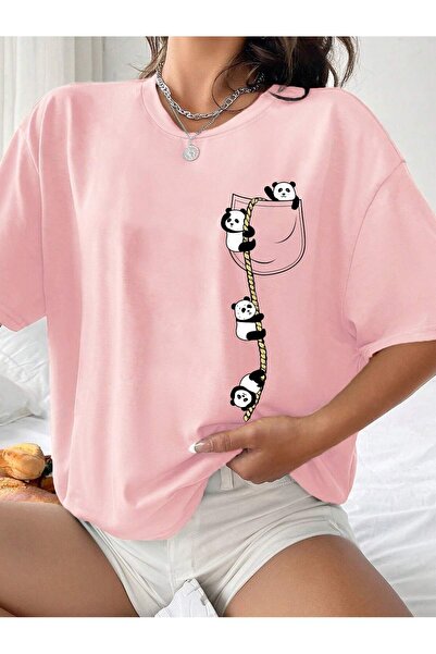 my feminen تي شيرت سالاس نسائي كبير الحجم مطبوع عليه باندا في الجيب