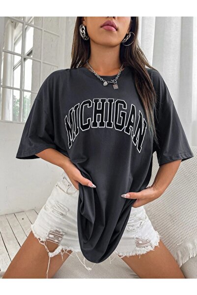 NOFLEN T-shirt Michigan Printed Smoked Oversize Casual Boyfirend