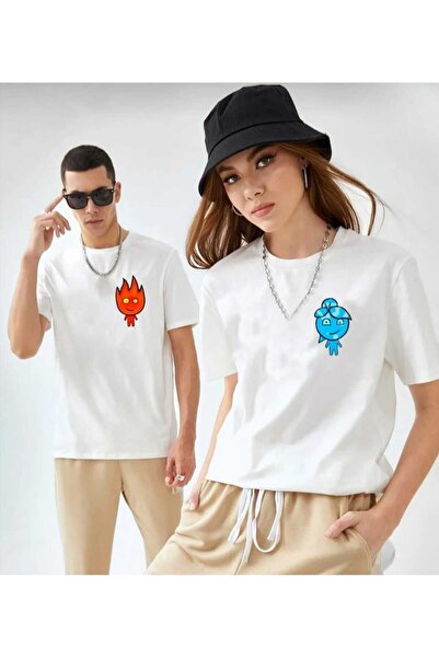 NOFLEN طقم مكون من قطعتين مطبوع عليه النار/الماء، تي شيرت Salas كبير الحجم Bo...