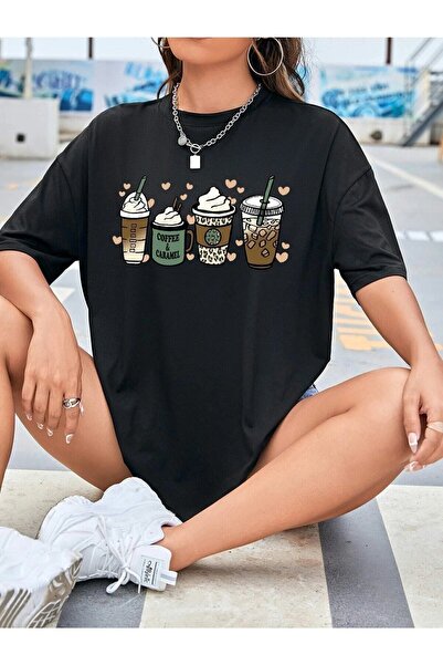 NOFLEN Coffee Caramel Printed Γυναικείο Oversize T-shirt Casual Boyfirend
