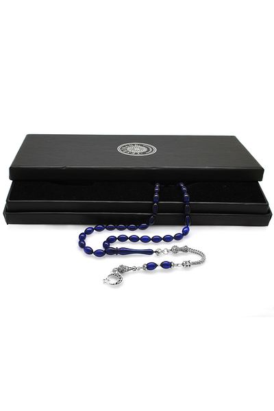 Tesbihane Ayyıldız Non-Tarnish Metal Tasseled Barley Cut Navy Blue Crimped Amber Prayer Beads