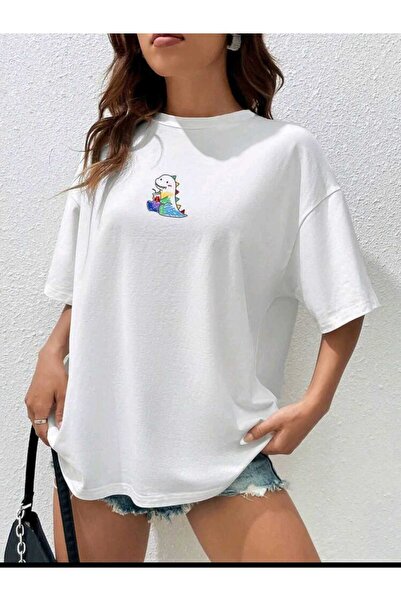 NOFLEN Γυναικείο Minimal Cute Dinosaur Printed White Oversize Salas T-shirt B...