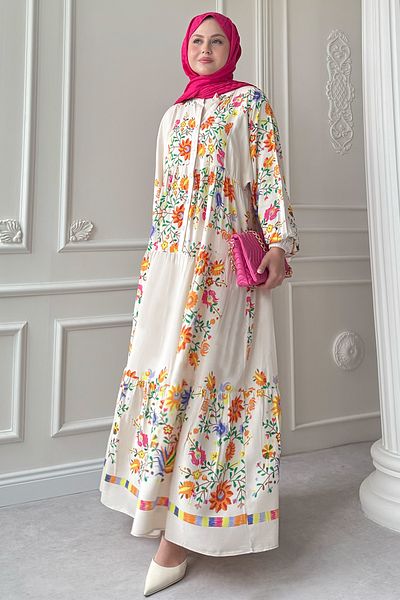 InStyle Mixed Tropical Pattern Beige Viscose Dress