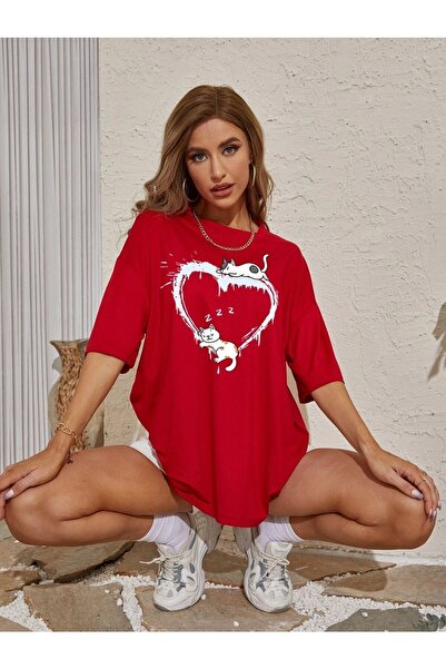 NOFLEN Cats Printed Γυναικείο Oversize/boyfirend Red T-shirt