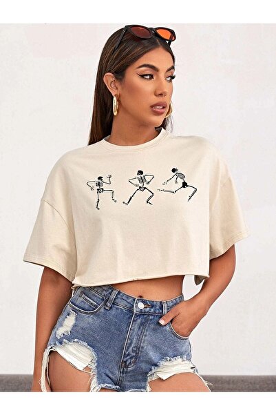 NOFLEN Γυναικεία Crop Oversize Dancing Skeletons Printed