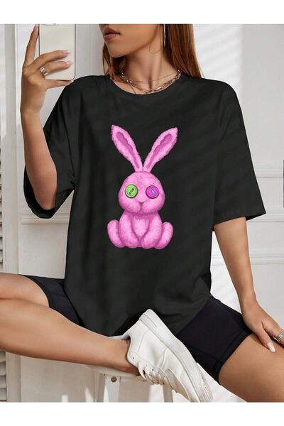 NOFLEN تي شيرت كبير الحجم مطبوع عليه أرنب وردي كاجوال Boyfirend