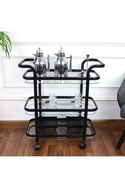 private house 3-Tier Matte Black Taiwanese Glass Steel Tea Trolley