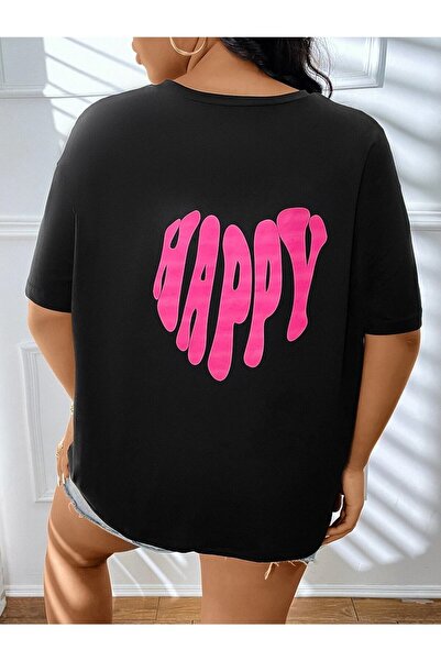 my feminen Black Oversize T-shirt Happy Printed