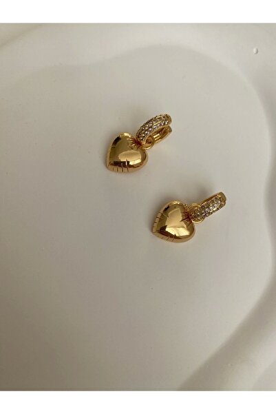 stainles steel Gold Çelik Taşlı Kalp Küpe