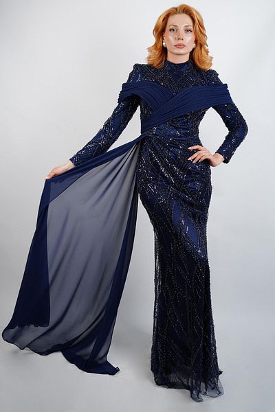 SpringStore Navy Blue Sequined Hijab Evening Dress