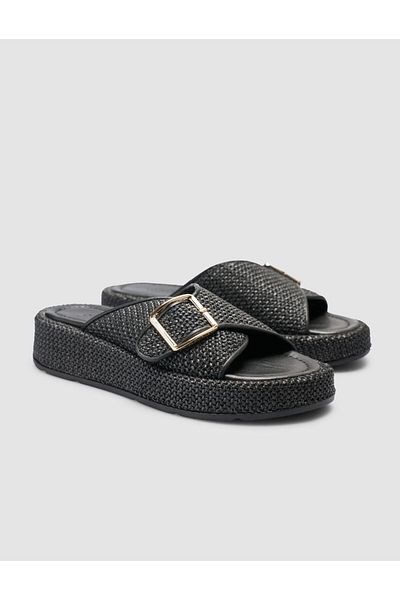Cabani Black Women's Slippers with Straw Detail