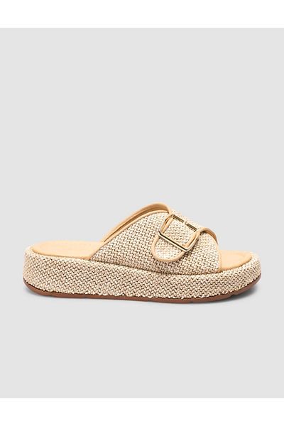 Cabani Beige Women's Slippers with Straw Detail