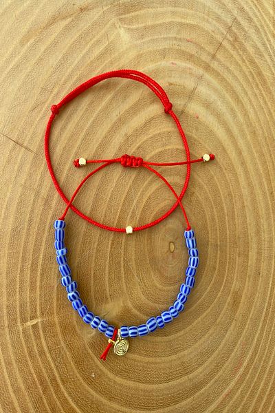 Shepidi 2Pcs Blue Striped Bead Gold Spiral Figured Red Rope Bracelet