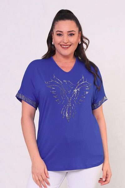 tarzımsüper Women's Plus Size Short Sleeve T-Shirt with Stone Print on Front and Sleeve Part