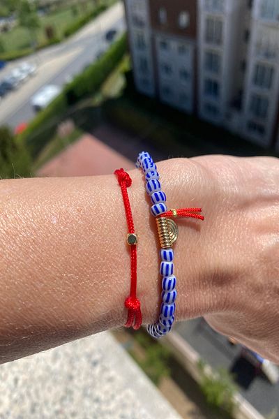 Shepidi 2Pcs Blue Striped Bead Gold Half Moon Red Rope Bracelet