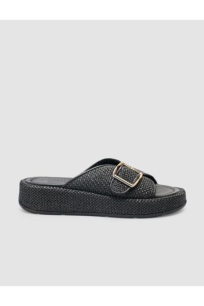 Cabani Black Women's Slippers with Straw Detail