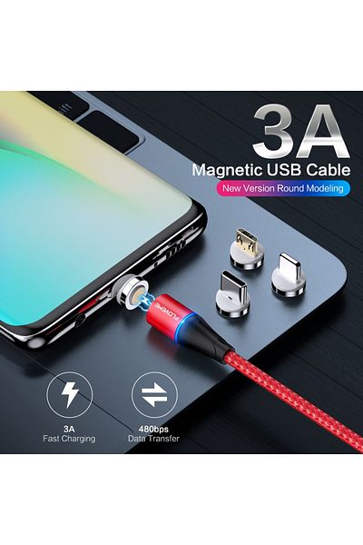 REDz Accessories Data and fast charging cable 3A, Lightning Apple magnetic connector, 360 degree rotation, LED