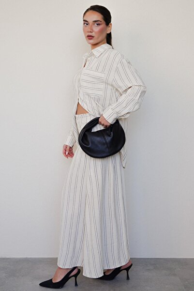 Madmext Ecru Striped Linen Skirt Shirt Set Mg2447