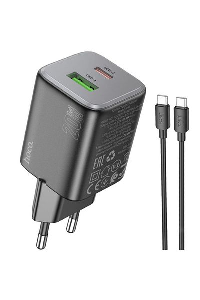 REDz Accessories Set încărcător Hoco N41, cablu adaptor tip C cu 2 porturi, 20w, pentru iPhone 15/16 și Android, negru