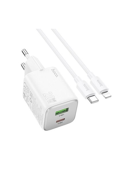 REDz Accessories Charger Set For Iphone, Hoco N41, Lightning Cable 2 Port Adapter, Fast Charging 20w, White