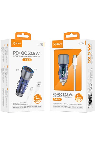 REDz Accessories X-start Cc118c Car Charger Set With 1m Type-c Cable, Fast Charging 52.5w, Gray