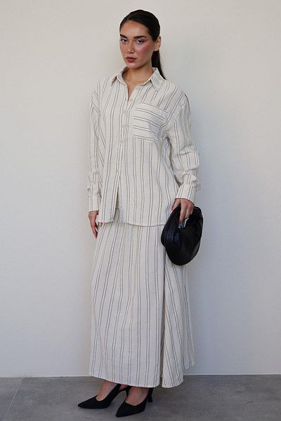Madmext Ecru Striped Linen Skirt Shirt Set Mg2447