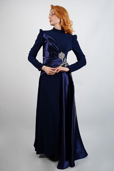 SpringStore Navy Blue Stone Detailed Hijab Evening Dress