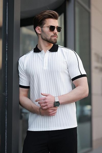 Madmext Ecru Patterned Polo Neck Knitwear Men's T-Shirt E7155