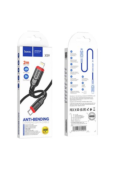 REDz Accessories Cablu Hoco X59, Tip-C la Lightning, 2m, Compatibil cu iPhone, 20W, Acceptă transfer de date, Negru