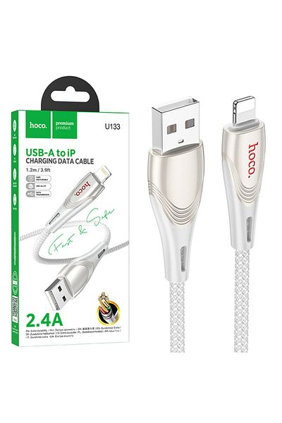 REDz Accessories Hoco U133 Cable, Usb To Lightning, 1.2m, Iphone Compatible, Data Transfer 2.4a, Gray