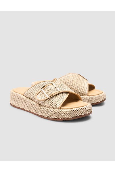 Cabani Beige Women's Slippers with Straw Detail
