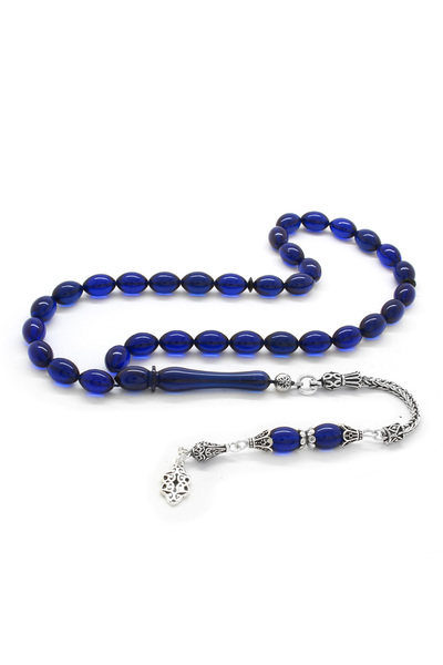 Tesbihane 925 Ayar Gümüş Püsküllü Arpa Kesim Lacivert Sıkma Kehribar Tesbih