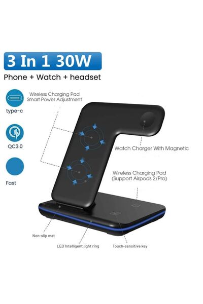 REDz Accessories Βάση γραφείου 3 σε 1, ασύρματη φόρτιση, 30W, φως, μαύρο