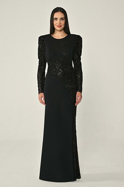 ALFABETA Alfa Beta Sleeves Waist and Slit Sequined Crepe Long Evening Dress