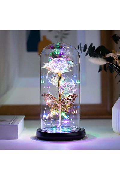 Choice Gold Rose Light Artificial Galaxy Rose Lamp With Butterfly And Colorful Led Rose Flowers In Glass Ba