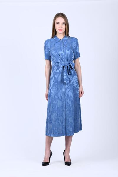 la luce İndigo Desenli Kuşaklı Gömlek Elbise - LE534