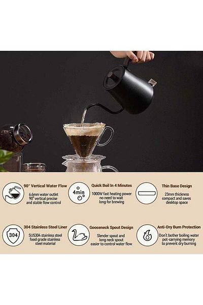 COOYA Electric Gooseneck Kettle, 0.8L 304 Stainless Steel Pour-Over Kettle & Coffee Pot