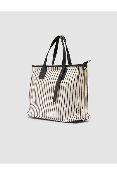Cabani Striped Linen Beige - Black Women's Bag