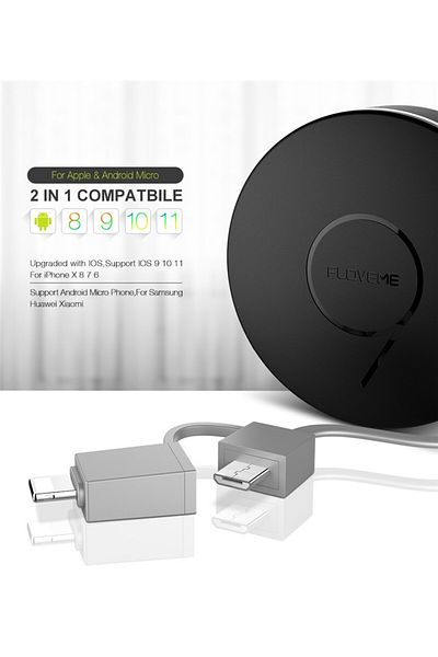 REDz Accessories Data and fast charging cable 2.1A, 2in1 microUSB and lightning Apple, retractable roll 1m, gray